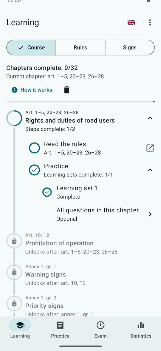 Learning tab, Course: the first chapter is open, steps complete: 1/2