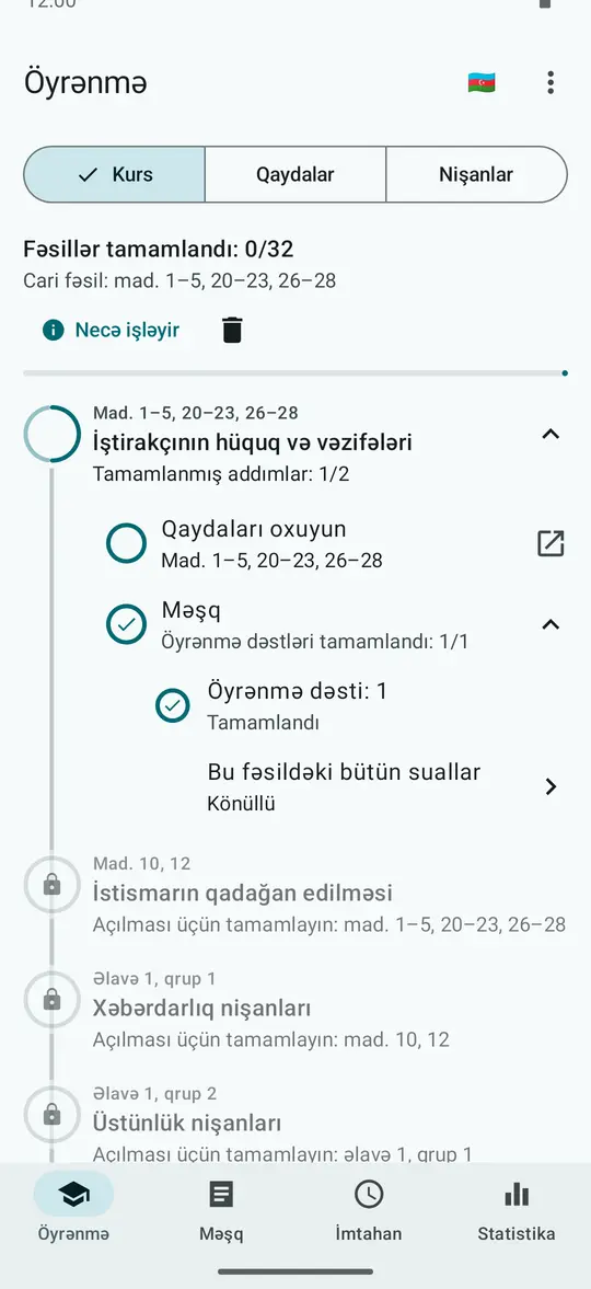 Öyrənmə bölməsi, Kurs: ilk fəsil açıqdır, tamamlanmış addımlar: 1/2